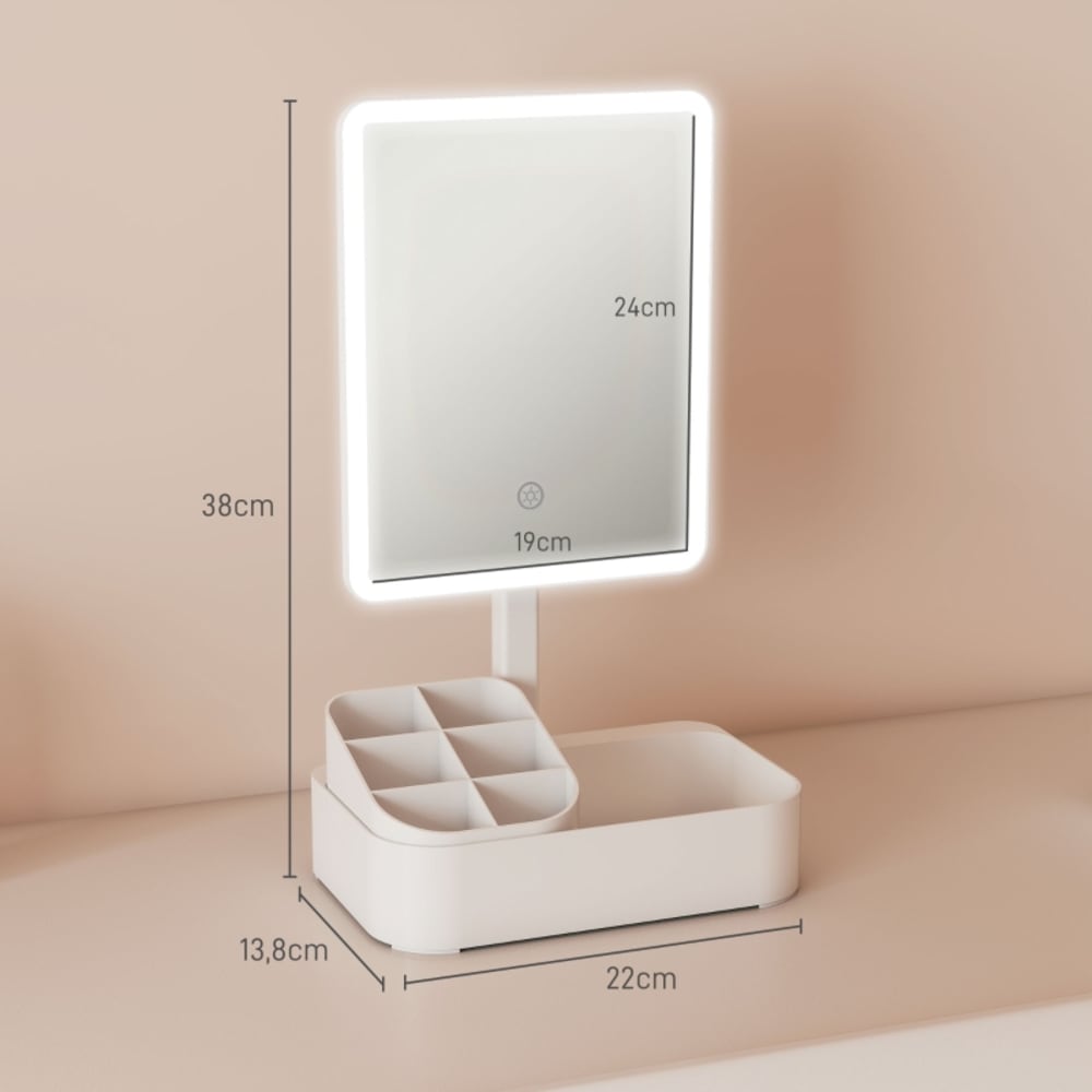 Miroir de maquillage LED rechargeable avec rangement, blanc