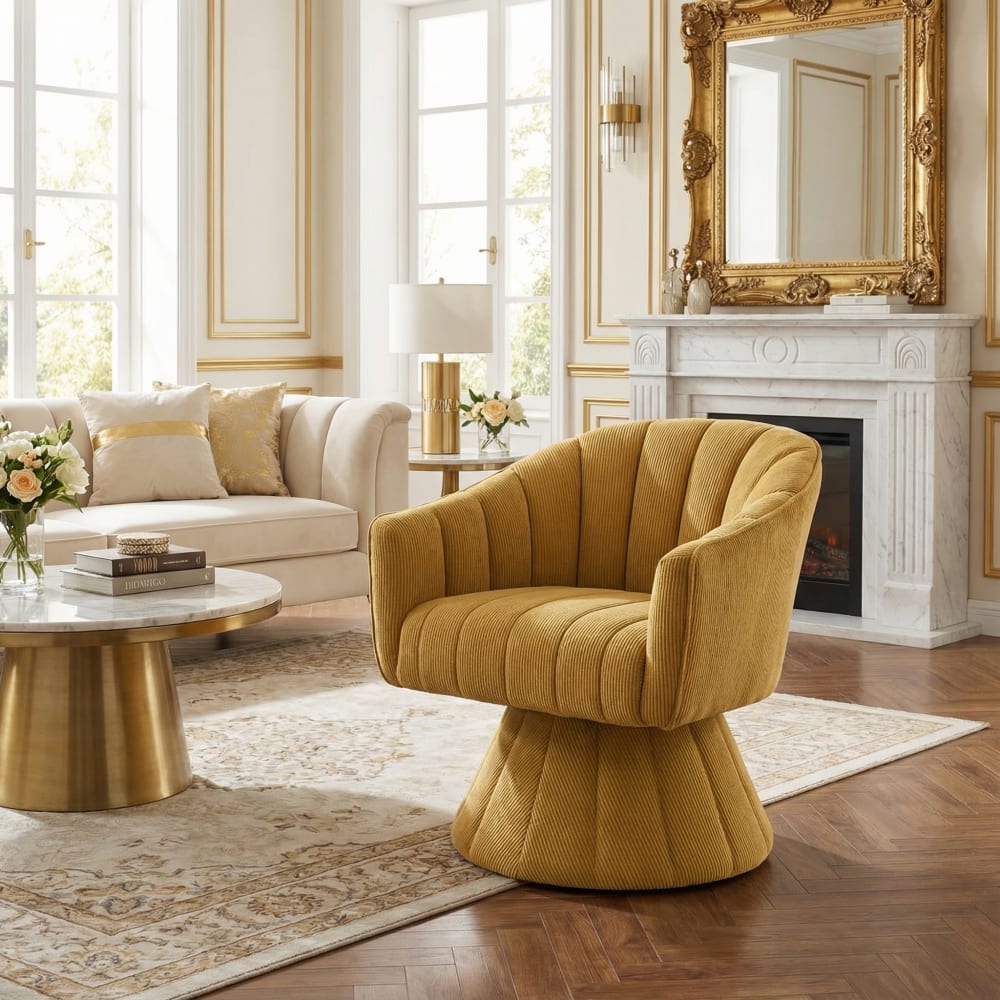 Fauteuil pivotant 360° en velours côtelé jaune moutarde