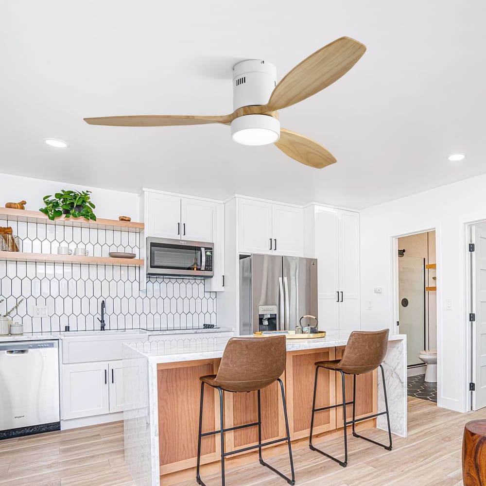 Ventilateur plafond LED  blanc 3 pales bois, réversible, 3 couleurs