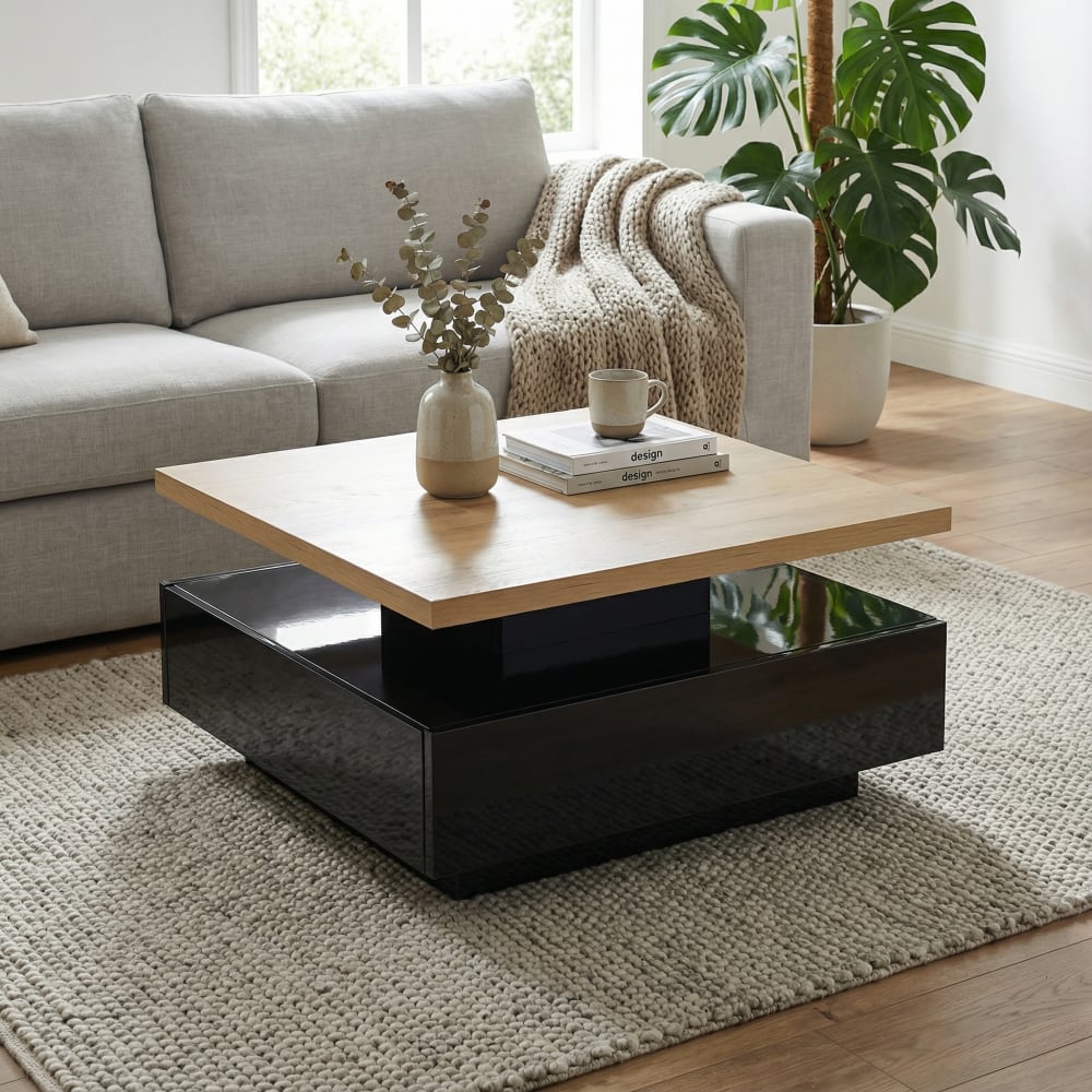 Couchtisch mit 360° Drehbarer Tischplatte, Holz und Schwarz -