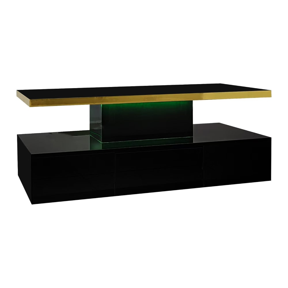Table basse noire brillante avec bande dorée et tiroirs