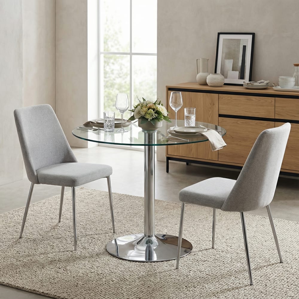 Table de bar ronde en verre trempé avec pied central en métal argent