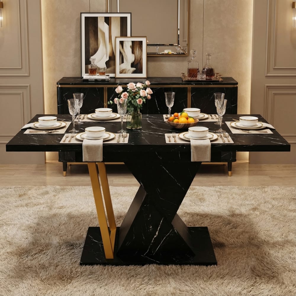 Ausziehbarer Esstisch 110–140 cm, Marmoroptik, Schwarz - Maisons