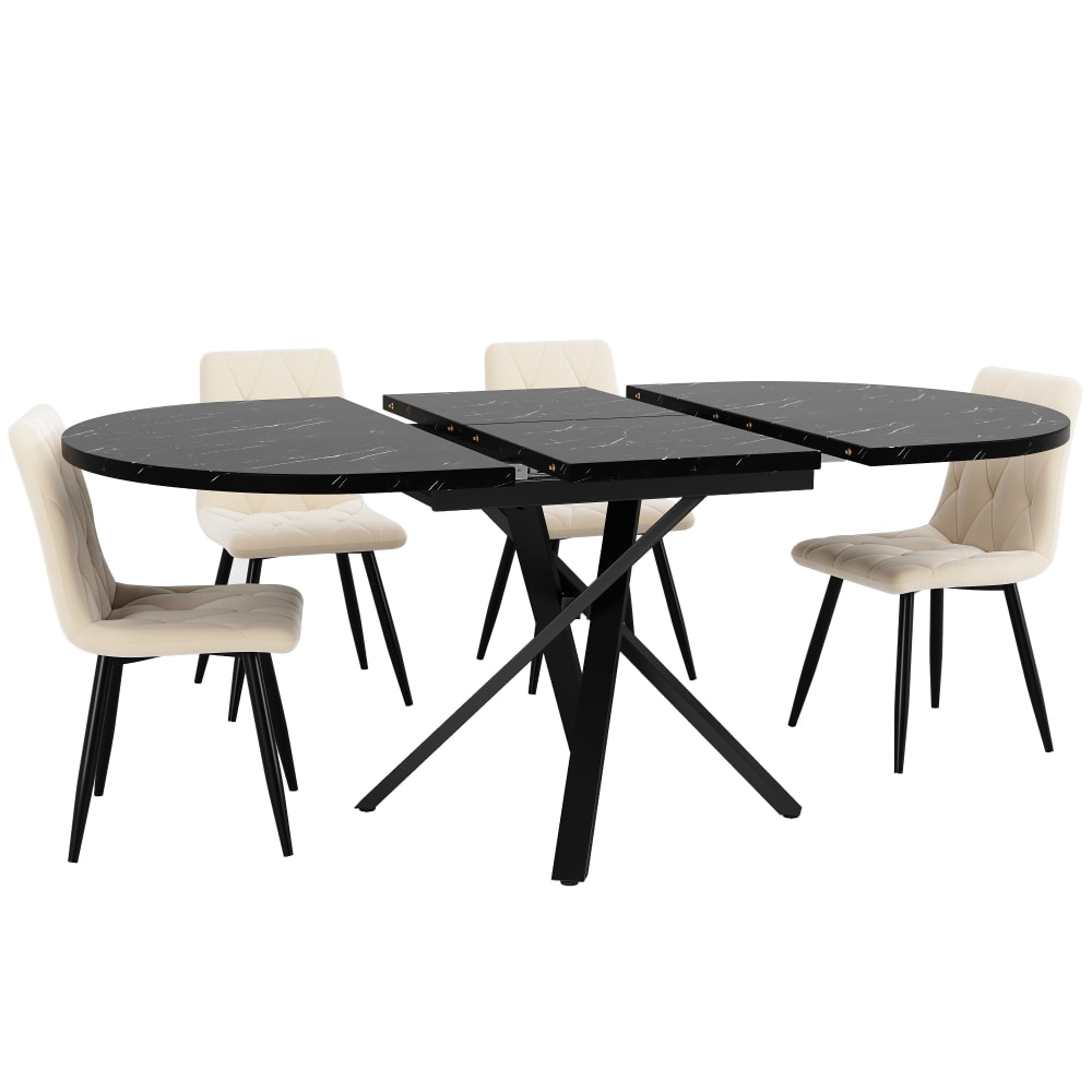 Ensemble Table extensible ronde avec 4 chaises velours beige