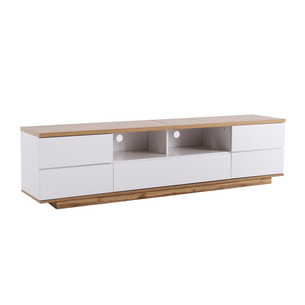 Meuble TV blanc et bois avec rangements et niches ouvertes