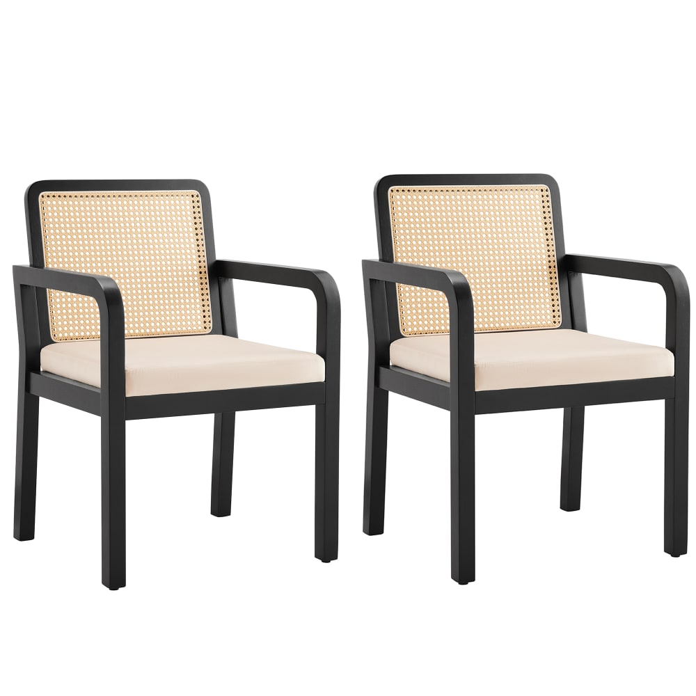 Urban Meuble Set aus 2 Schwarzen Holzsesseln mit Rohrgeflecht-Rückenlehne, Beige Beige Rattan