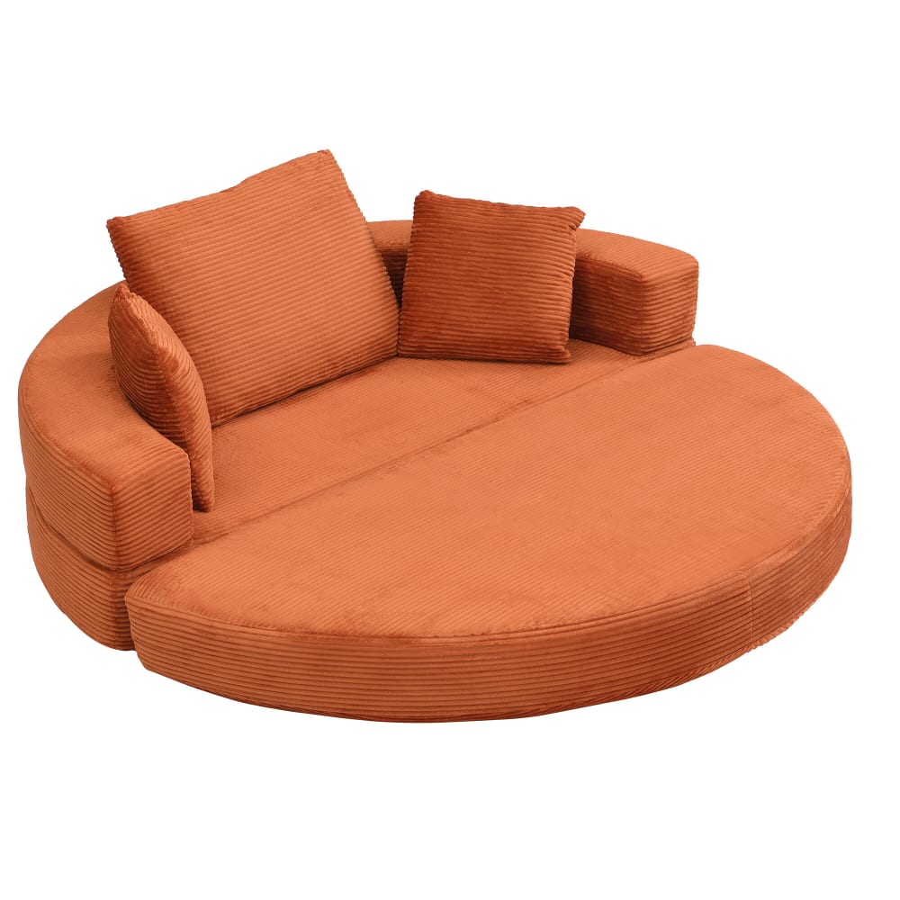 Canapé-lit pliable ovale en velours côtelé orange avec coussins