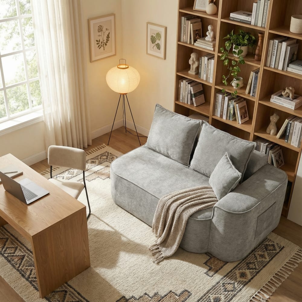 Canapé lounge 2 places avec accoudoir droit en tissu gris moderne