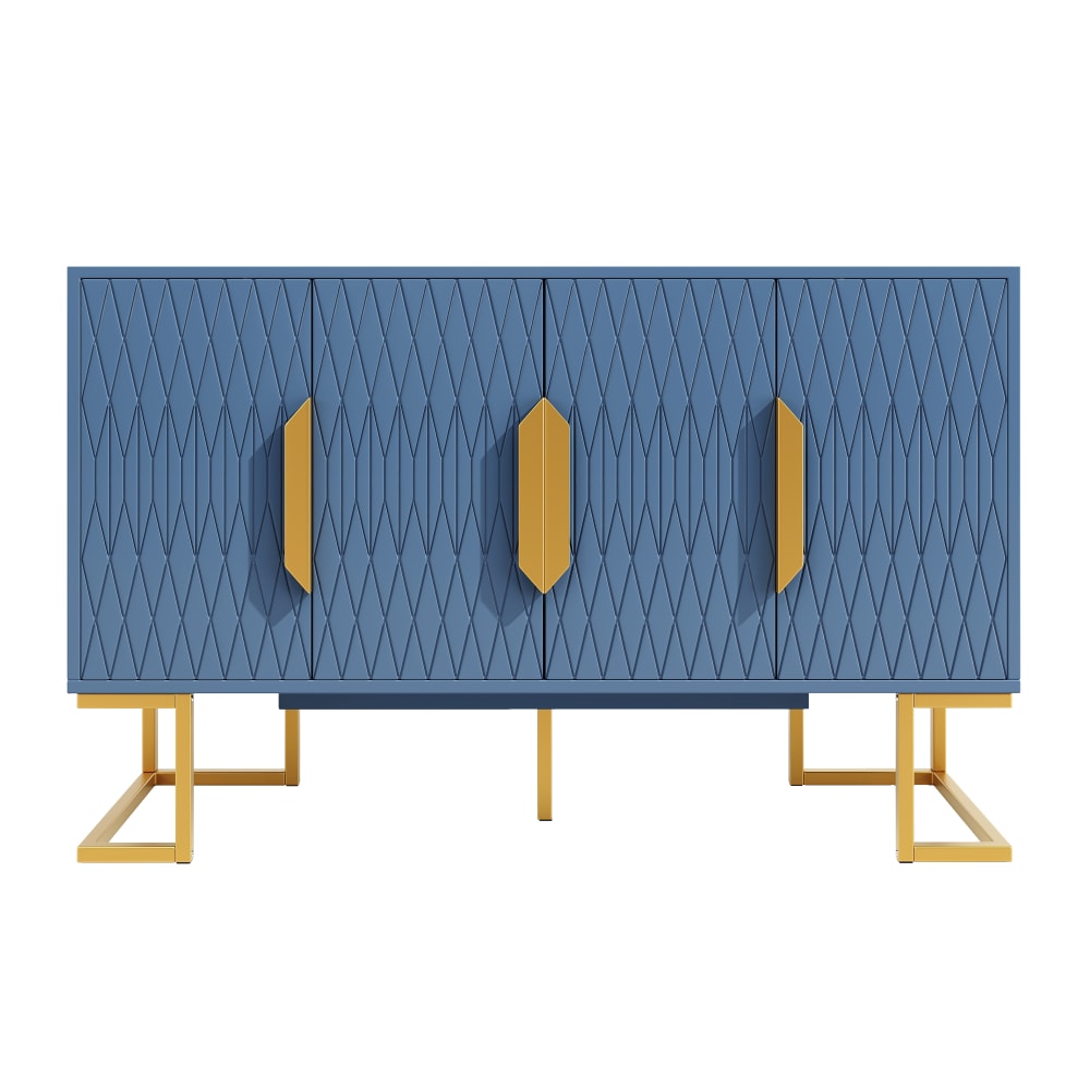Buffet design bleu avec portes texturées et pieds dorés