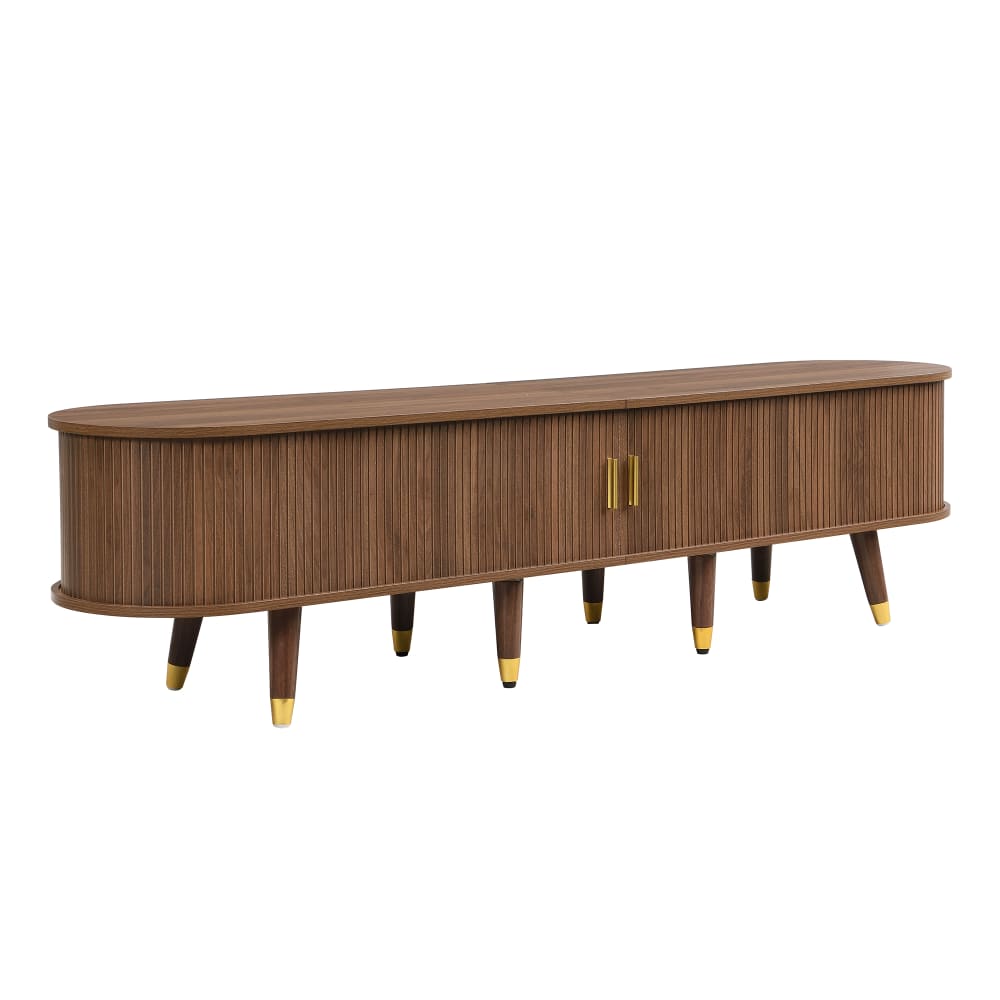 Meuble TV en bois avec rangements ouverts et tiroirs