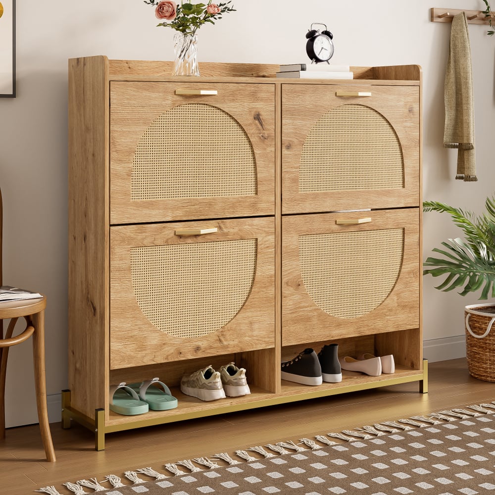 Schuhschrank mit 4 Klapptüren aus Holz und Rattan, Beige -