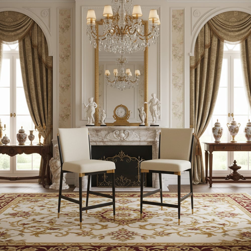 Chaise de bar rembourrée en tissu beige, structure métal noir