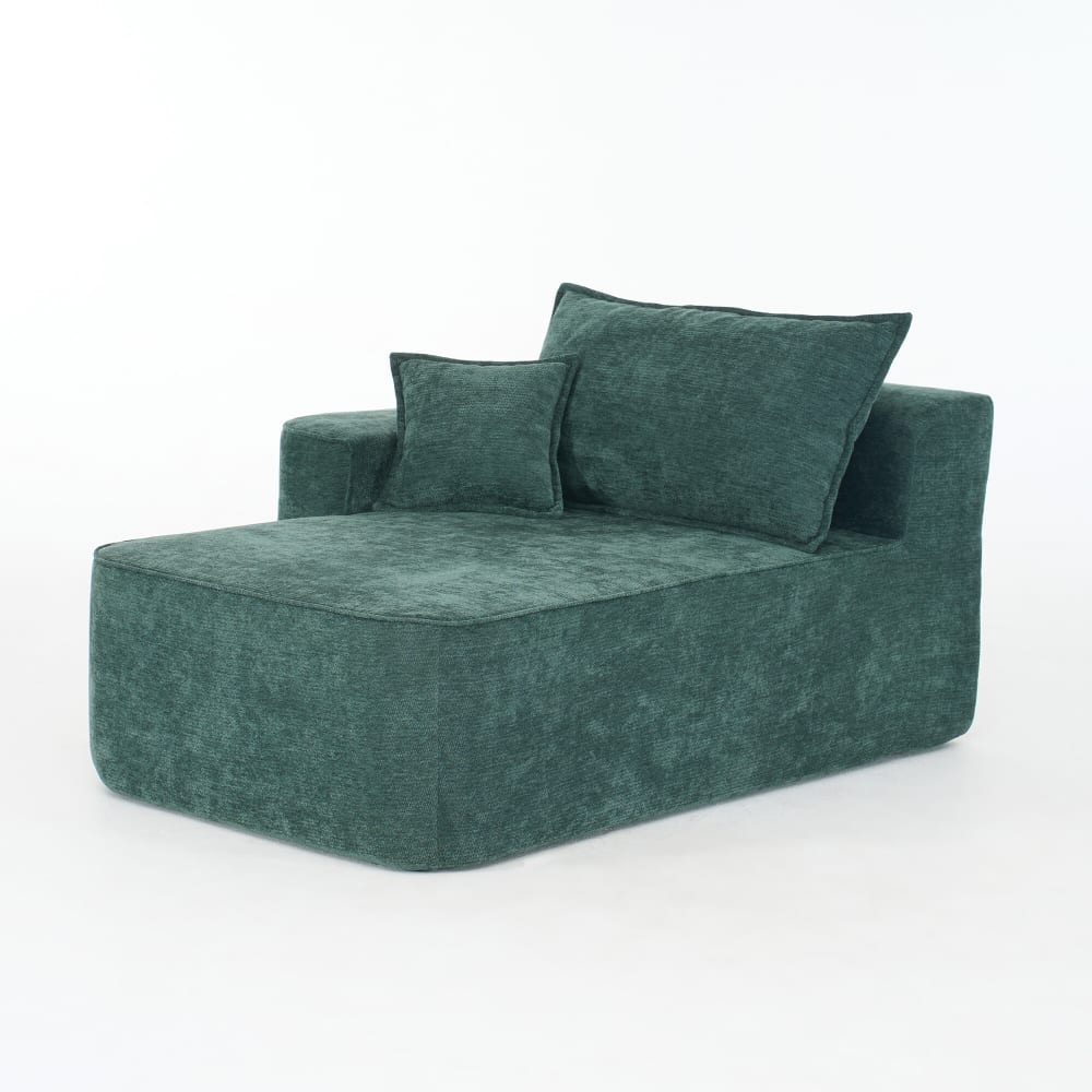 Chaise longue moderne en tissu chenille vert avec coussins