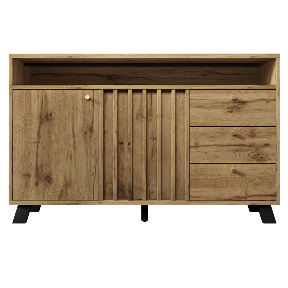 Buffet vintage en bois foncé avec portes à lamelles et 3 tiroirs