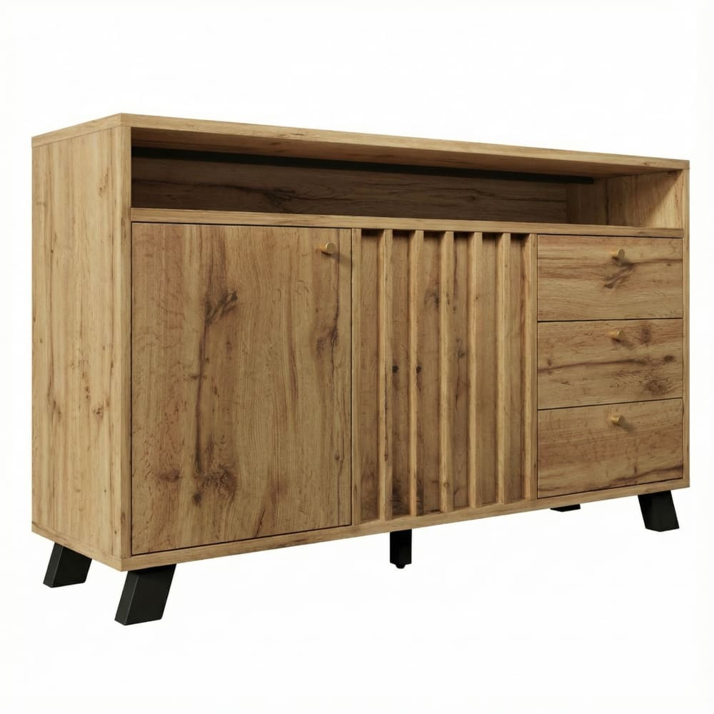 Vintage-Sideboard mit Lamellentüren und 3 Schubladen,dunkle Eiche