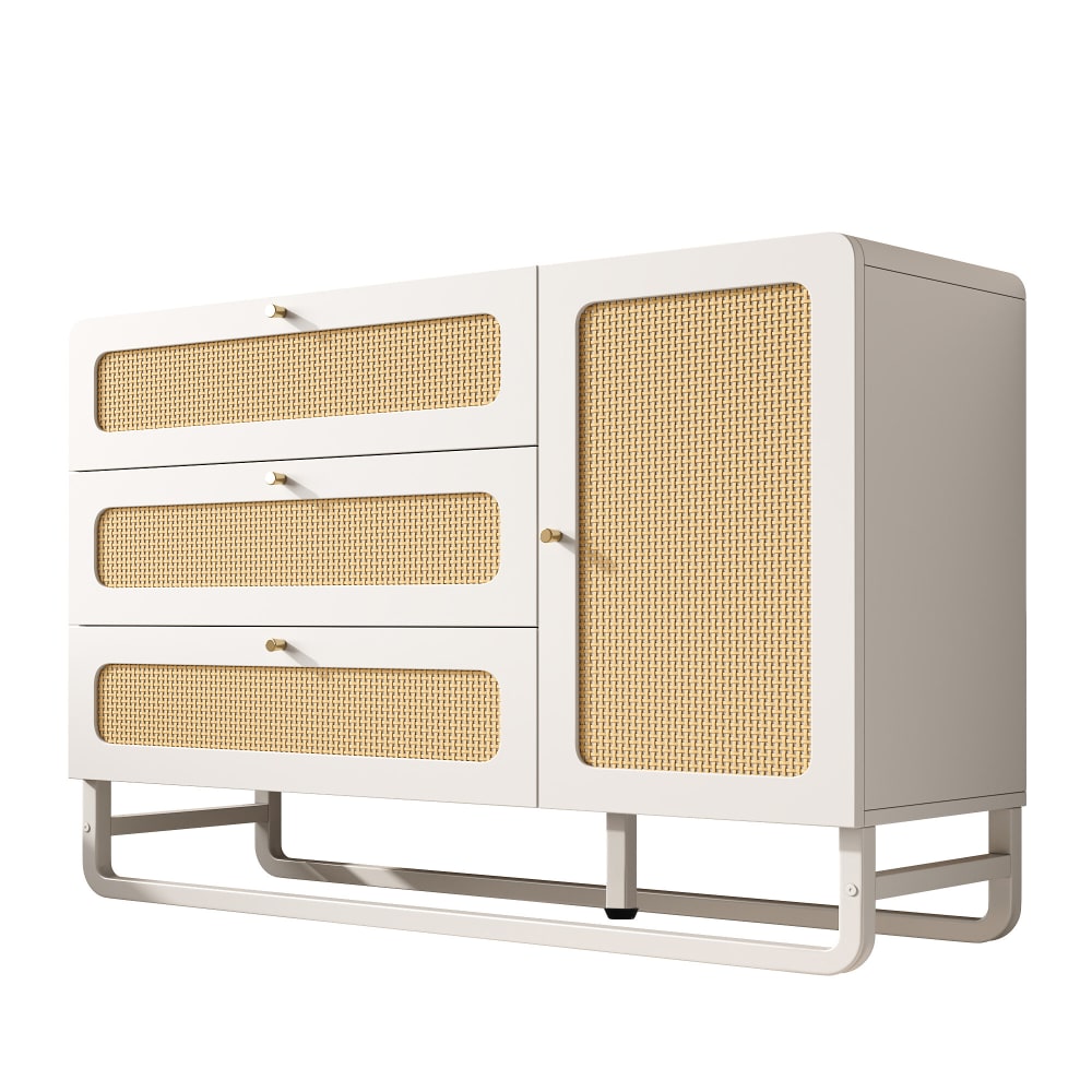 Urban Meuble Modernes Sideboard mit Rattantüren und 3 Schubladen, Weiß Weiß Spanplatte