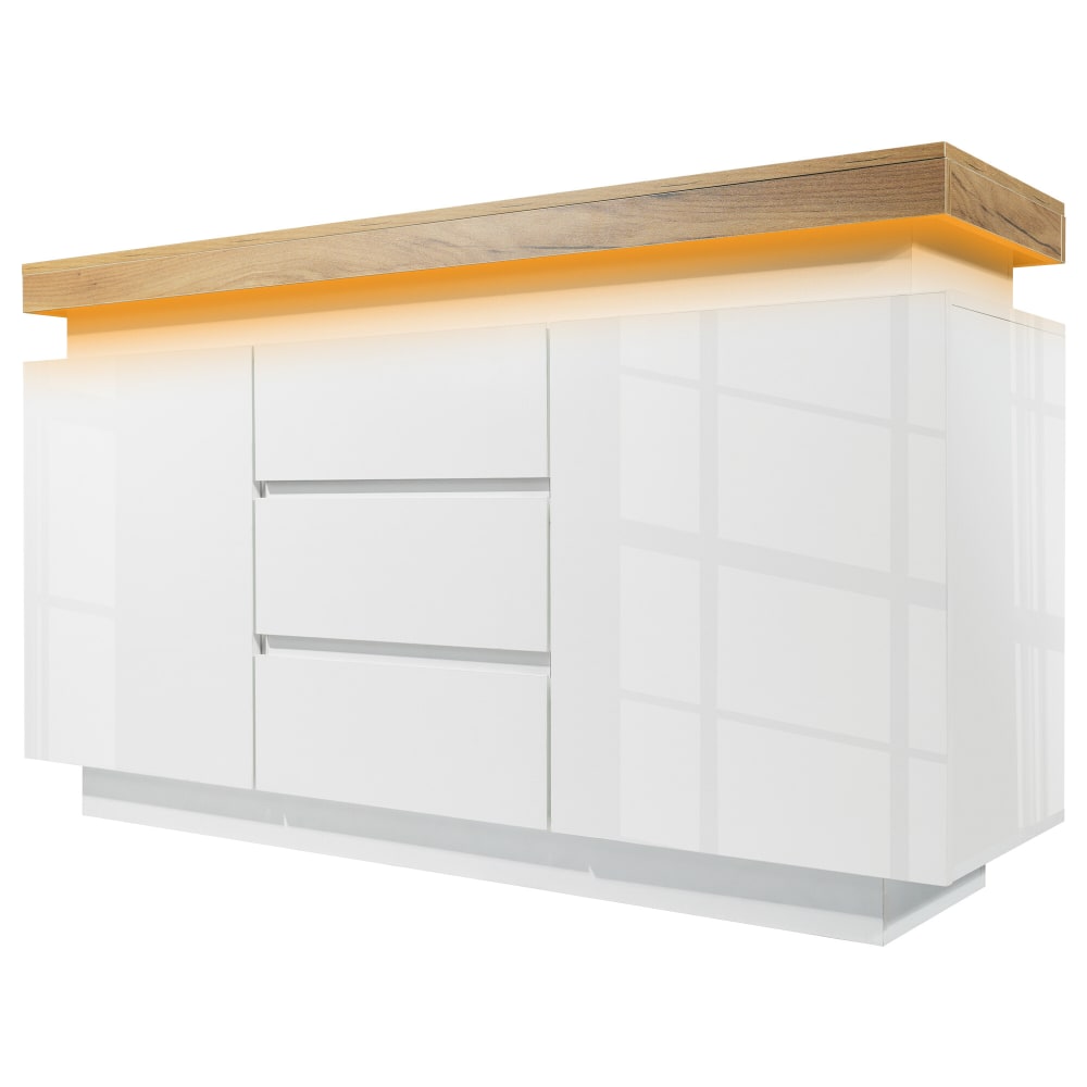 Buffet blanc brillant avec éclairage LED et plateau bois moderne