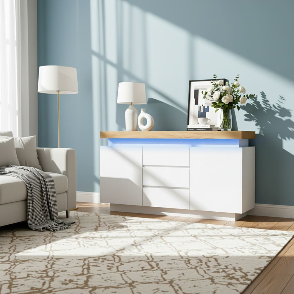Lackiertes Sideboard mit LED-Beleuchtung, weiß und beige -