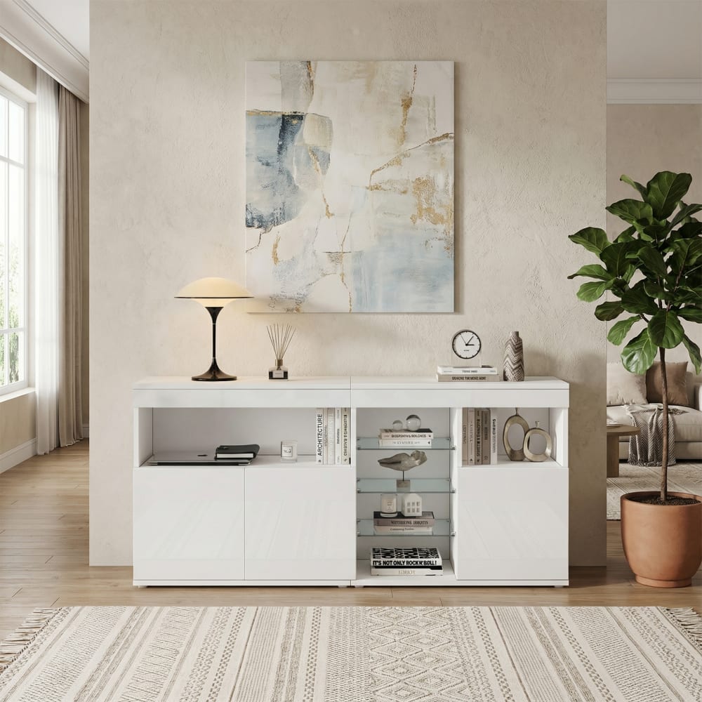 Urban Meuble Hochglanz-Sideboard mit LED-Beleuchtung und Regalböden, Weiß Weiß Spanplatte