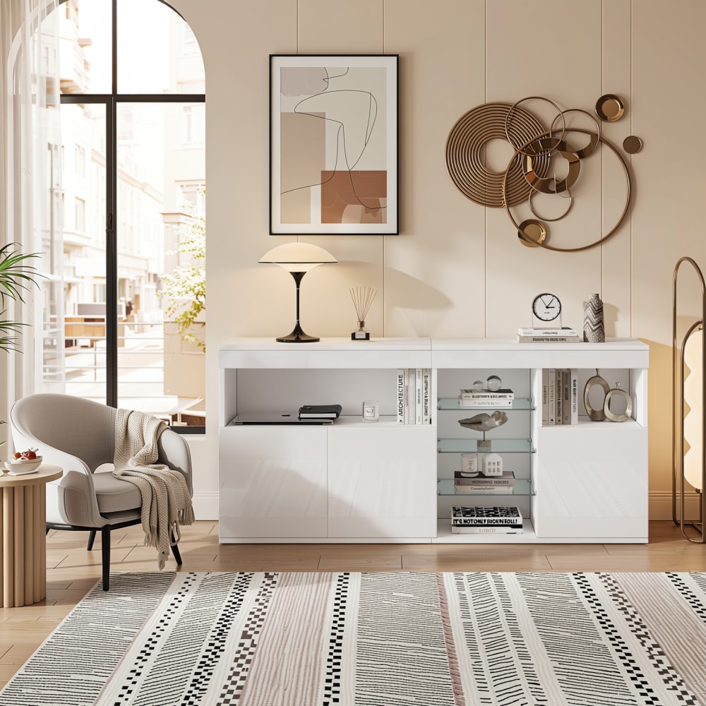 Hochglanz-Sideboard mit LED-Beleuchtung und Regalböden, Weiß -