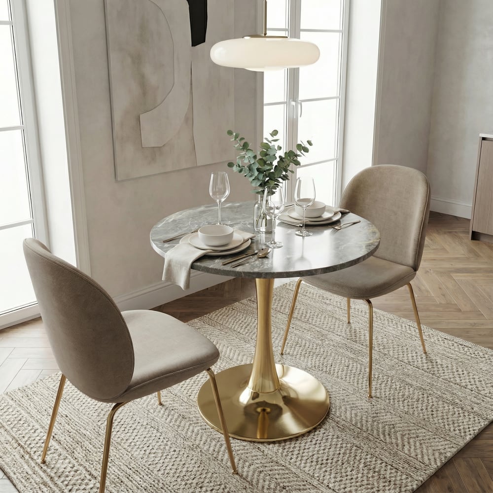 Table basse ronde 70 cm effet marbre gris avec pied central doré