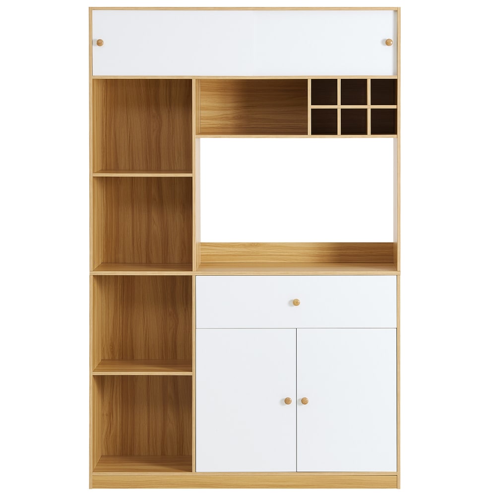 Buffet de cuisine haut blanc et bois avec LED et espace micro-ondes