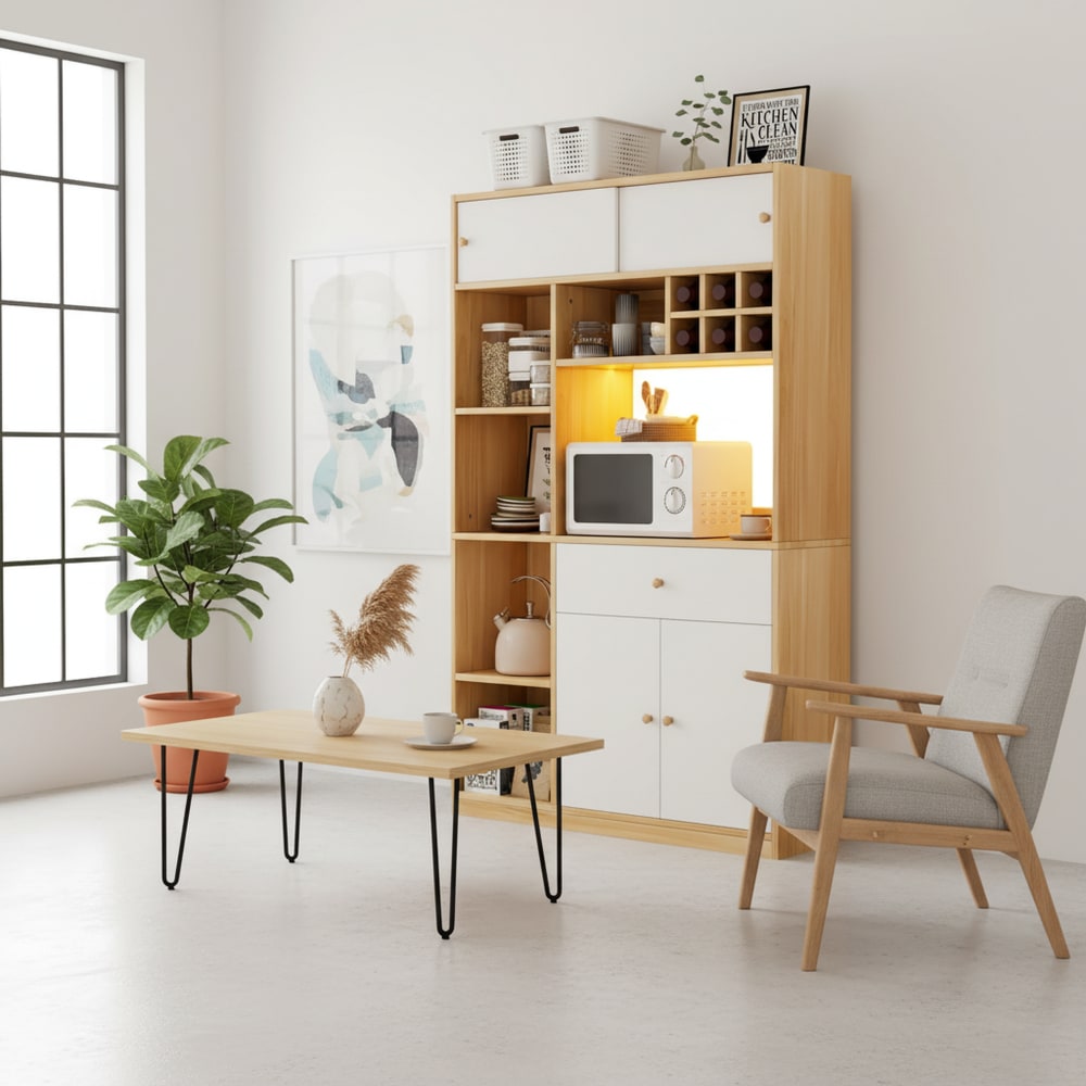 Buffet de cuisine haut blanc et bois avec LED et espace micro-ondes