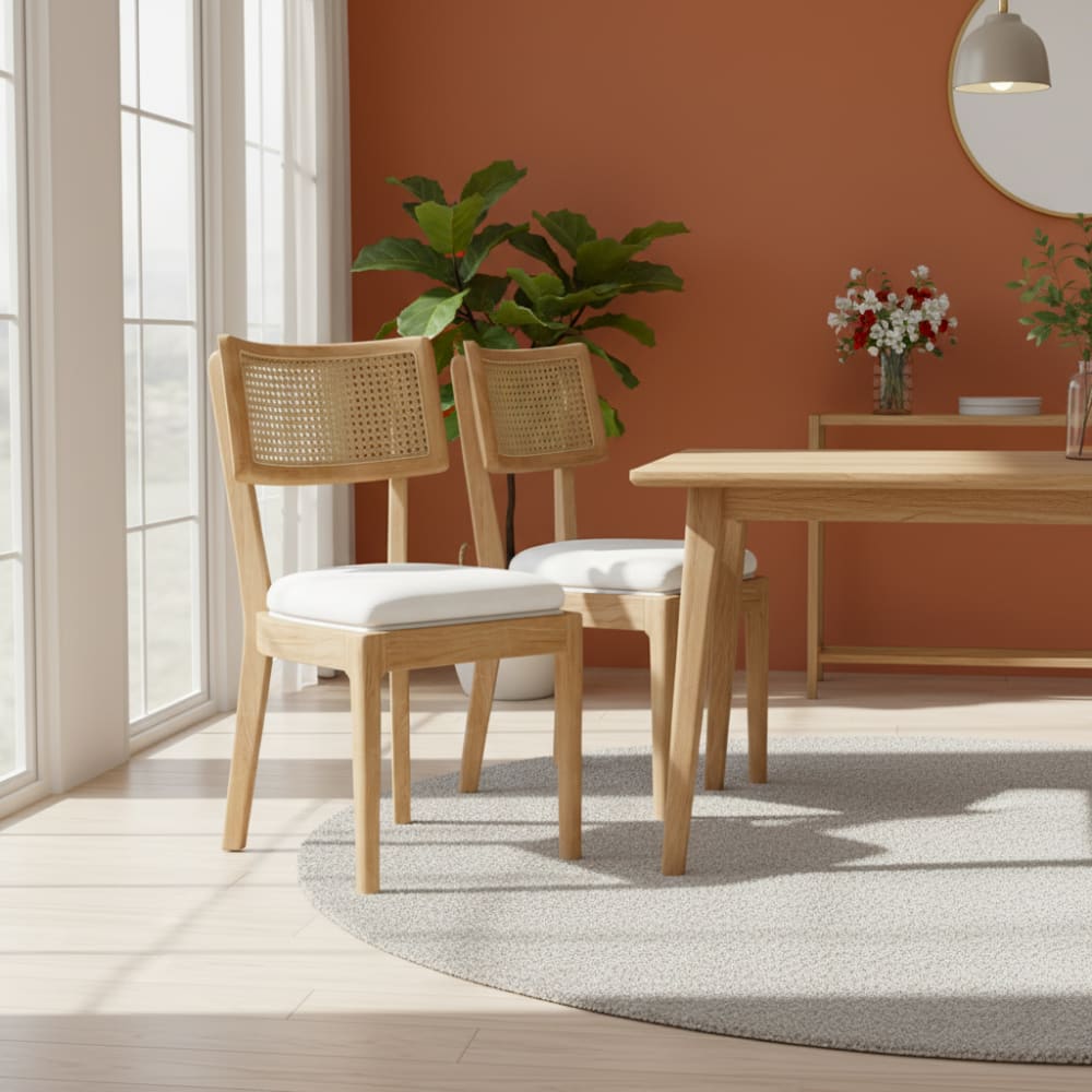 Set aus 2 Stühlen mit Rattan-Rückenlehne und -Sitzfläche, Beige -