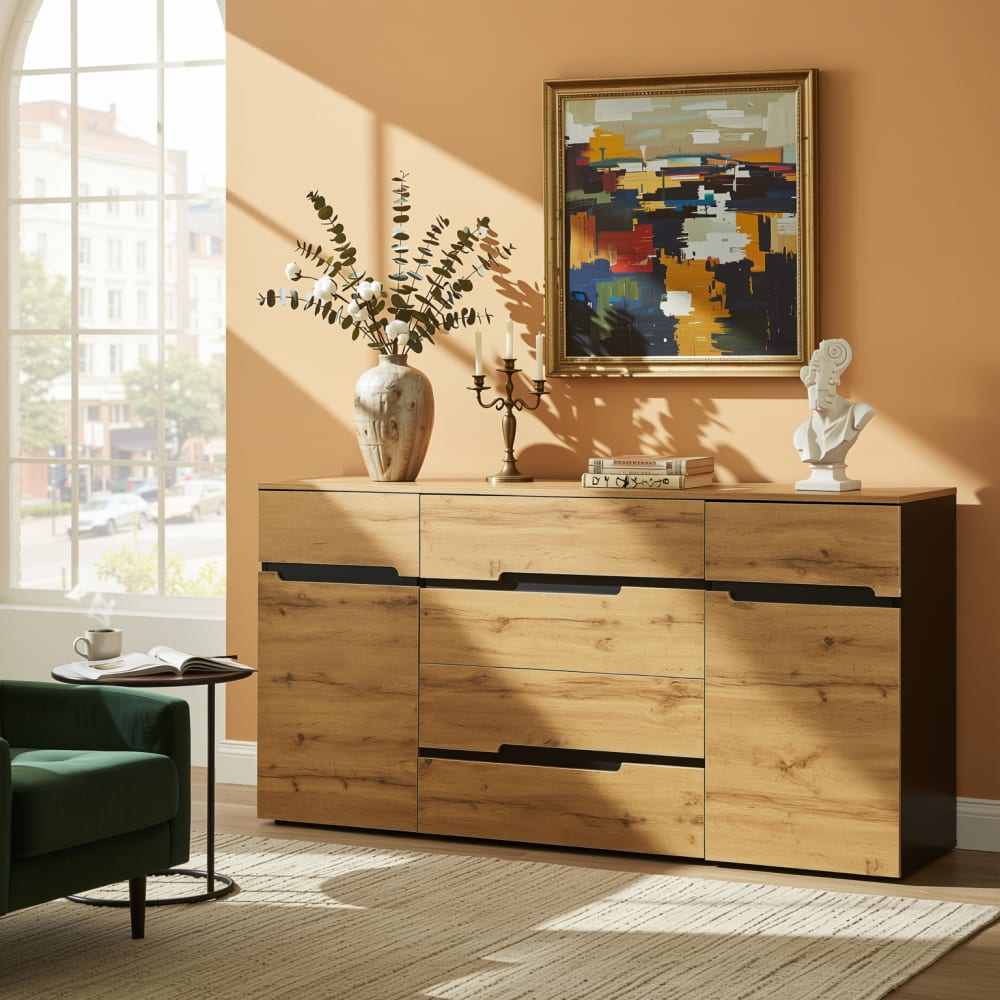 Buffet bas 160 cm bois et noir avec 4 tiroirs et 2 portes