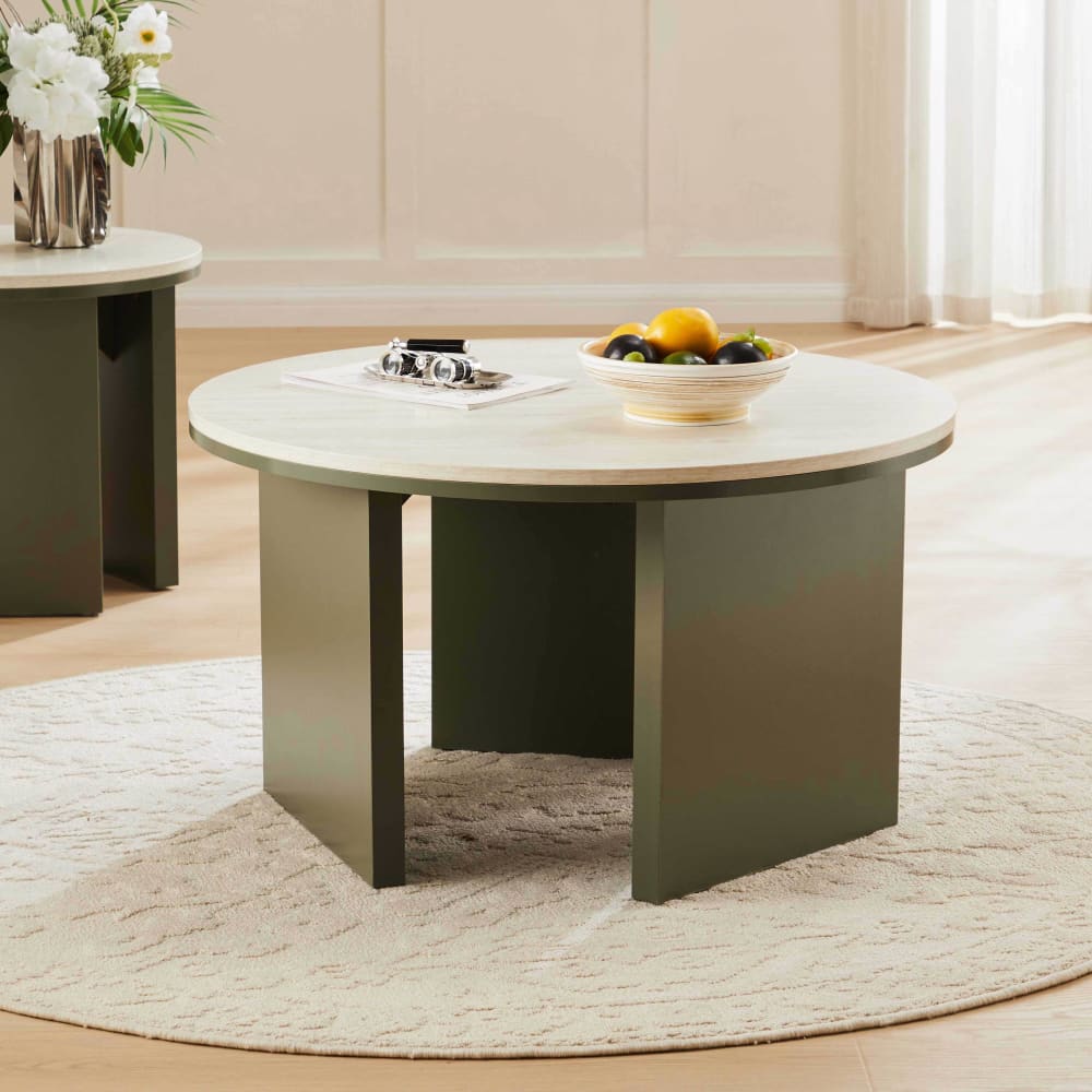 Runder Couchtisch in Holzoptik 80 cm Durchmesser olivgrün -