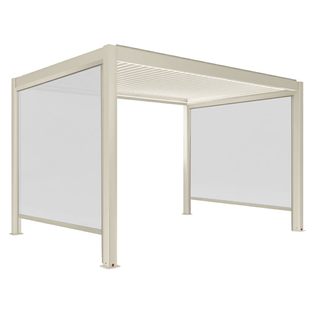 Pergola bioclimatique autoportée motorisée éclairée 3 x 4m et 2 stores