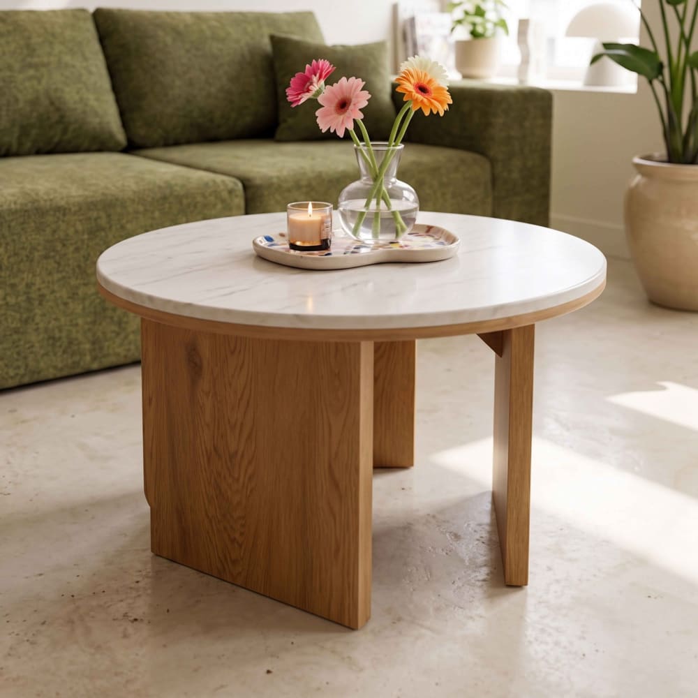 Runder Couchtisch in Holzoptik 80 cm Durchmesser helles Holz -