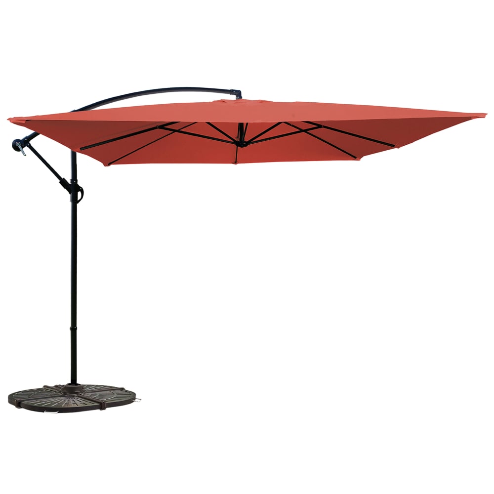 Parasol déporté 3 x 3 m carré et 4 dalles lestées terracotta