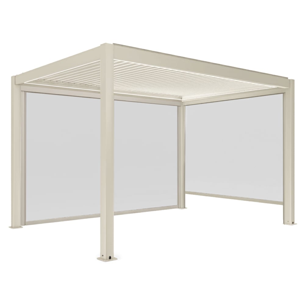 Pergola bioclimatique autoportée motorisée éclairée 3 x 4m et 2 stores