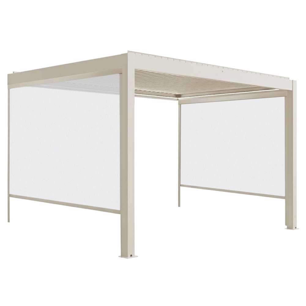 Pergola bioclimatique adossée motorisée 3x4 m et 2 stores crème