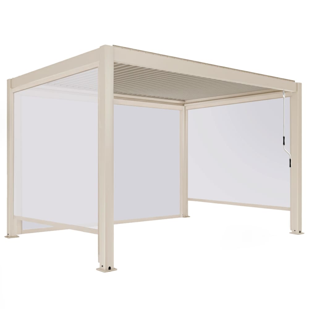 Pergola bioclimatique autoportée 3x4m et 3 stores bois crème