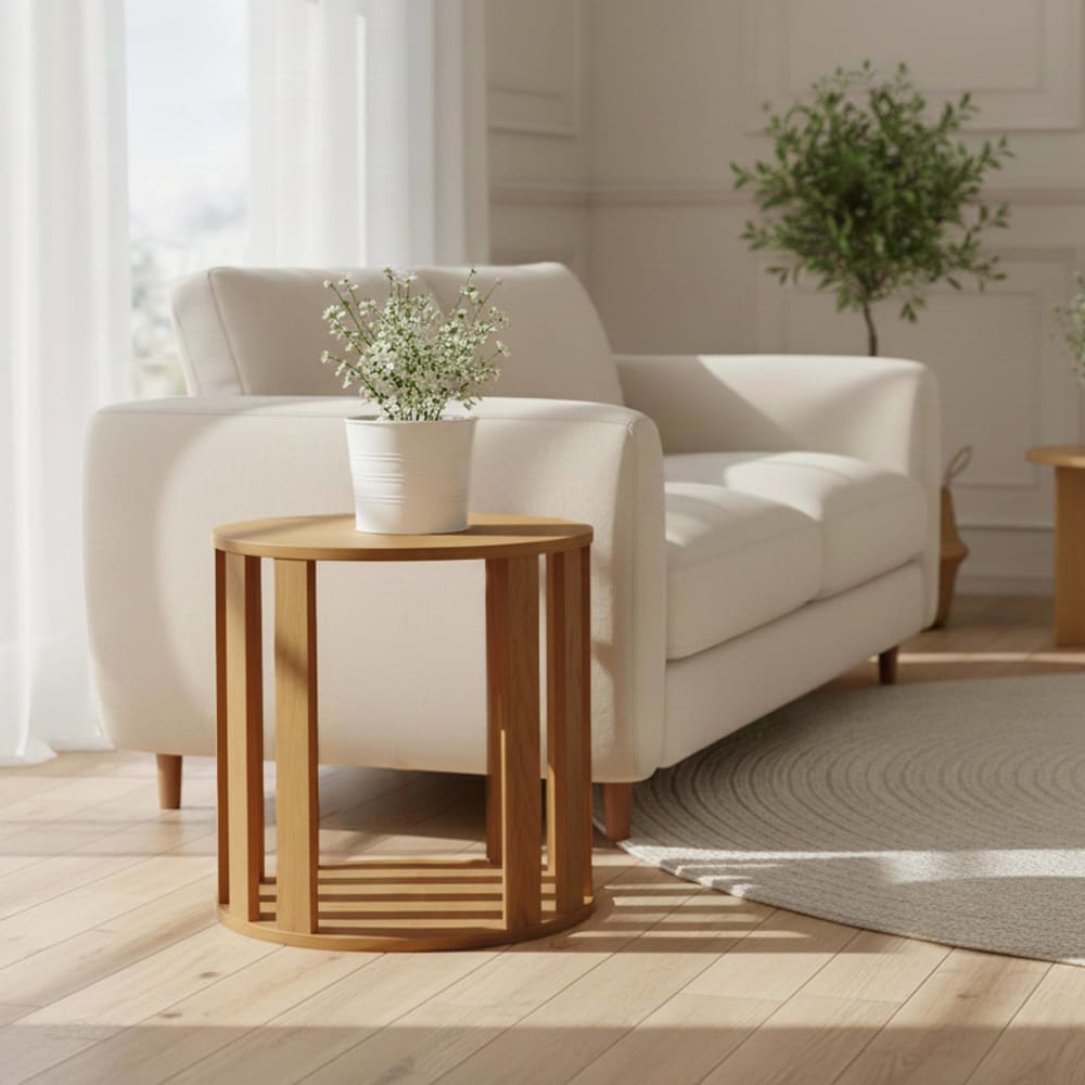 Runder Couchtisch in Holzoptik 50 cm Durchmesser helles Holz -