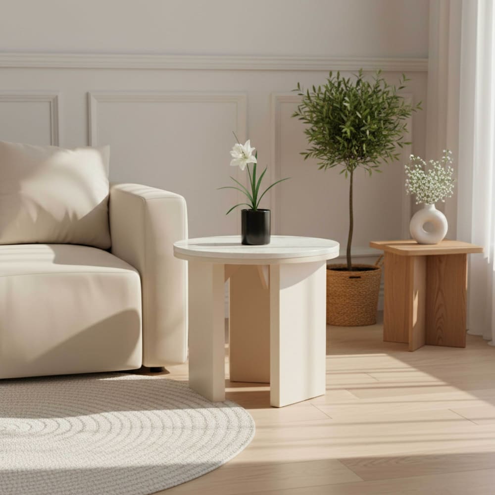 Runder Couchtisch in Holzoptik 50 cm Durchmesser cremefarben -