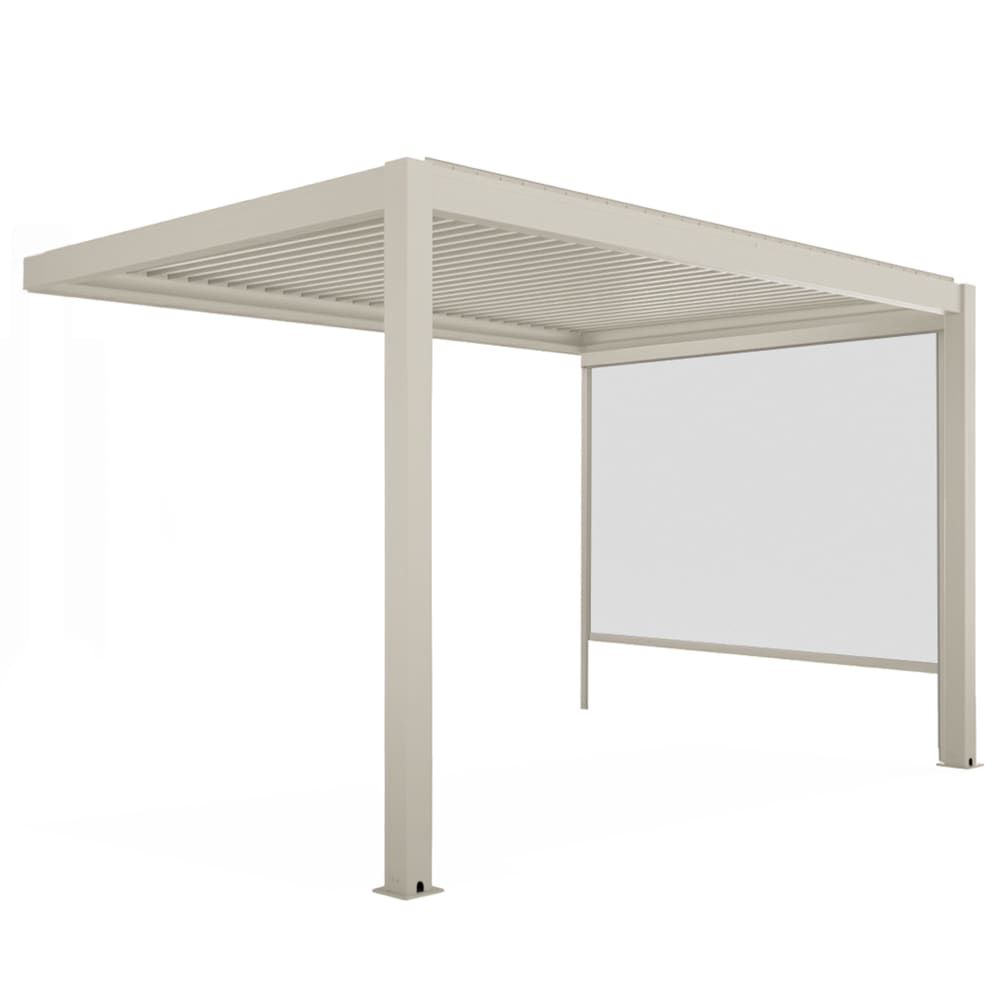 Pergola bioclimatique adossée 3x4m et 1 store bois crème