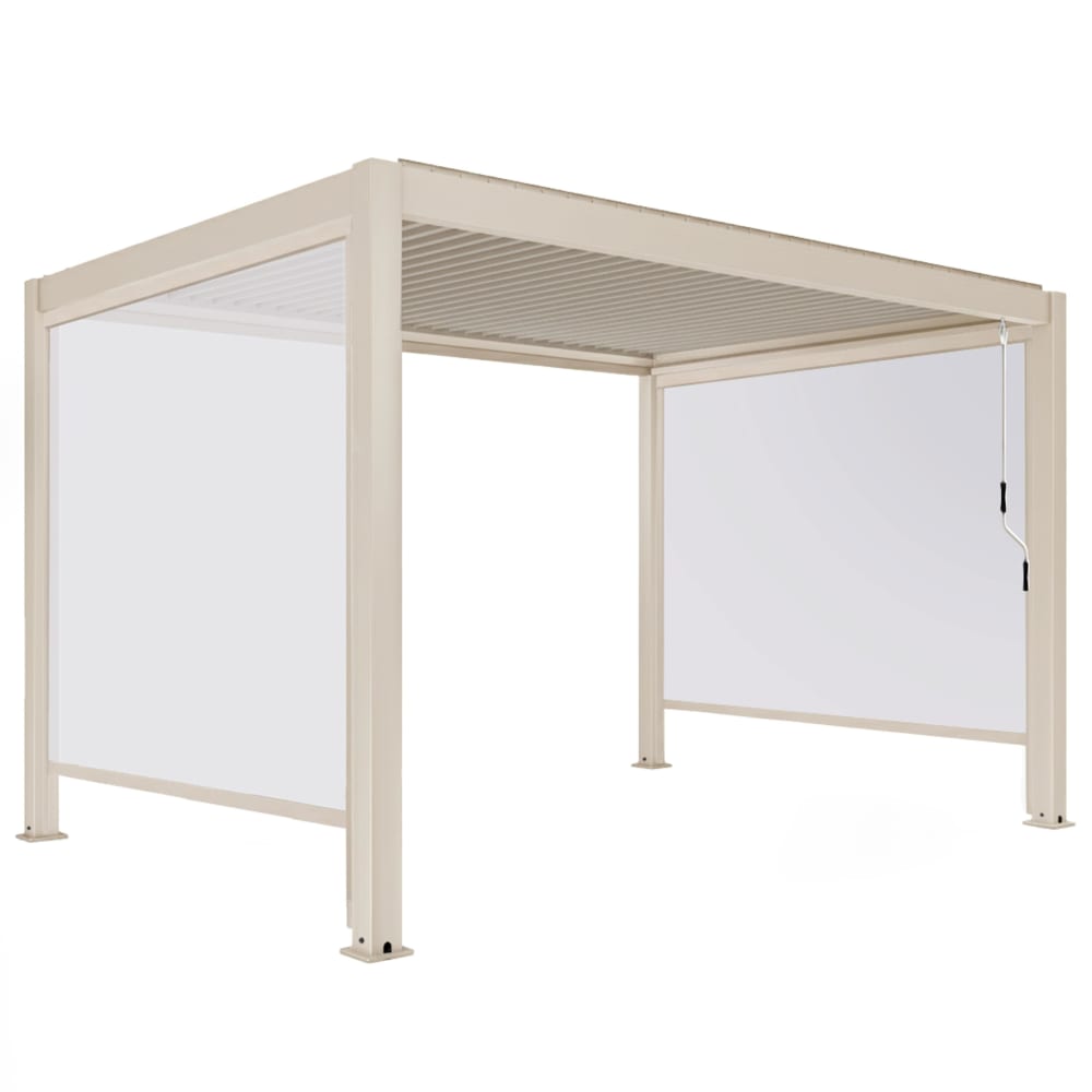 Pergola bioclimatique autoportée 3x4m et 2 stores bois crème