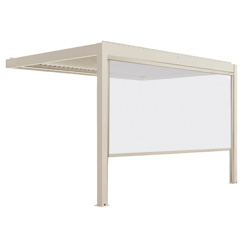 Pergola bioclimatique adossée motorisée 3x4 m et 1 store crème