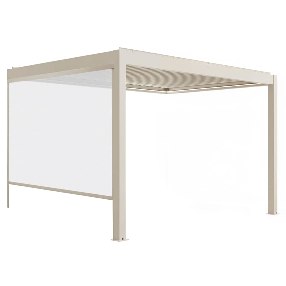 Pergola bioclimatique adossée motorisée 3x4 m et 1 store crème
