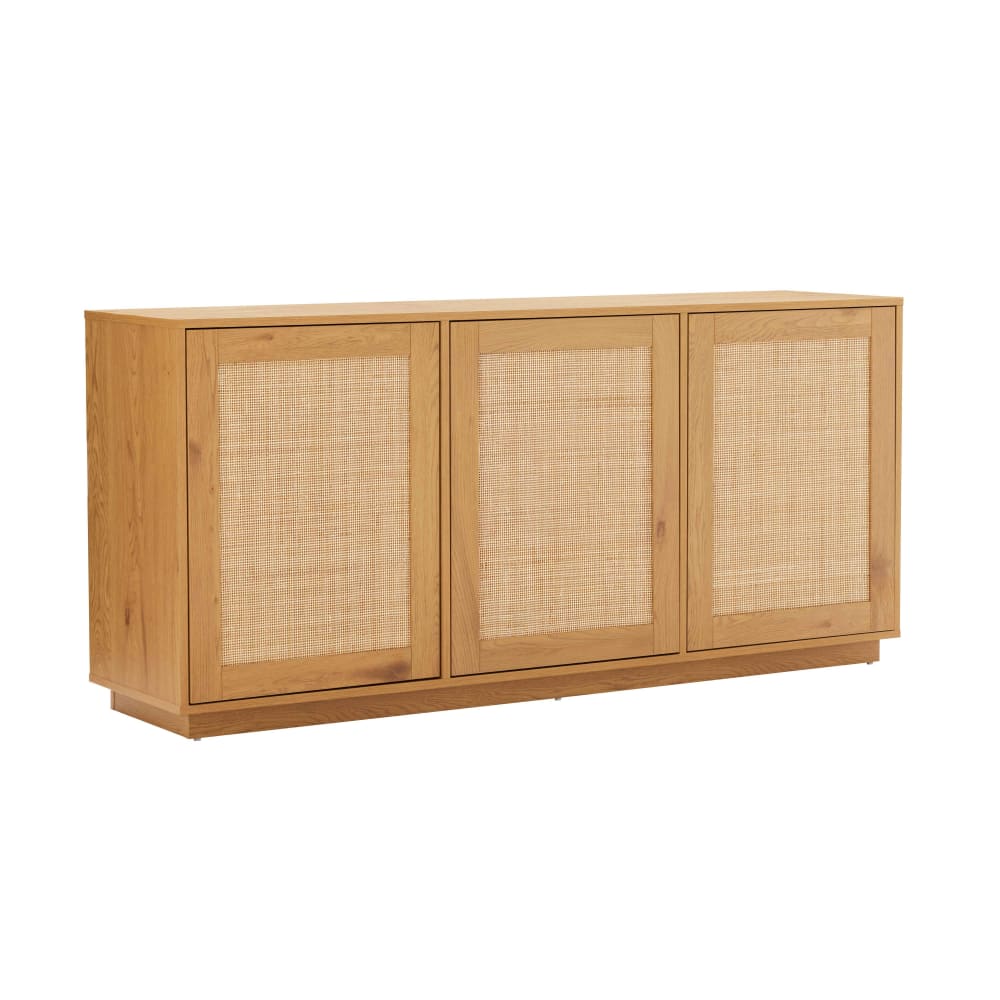 Meuble TV effet bois 3 portes en rotin L 160 cm bois clair