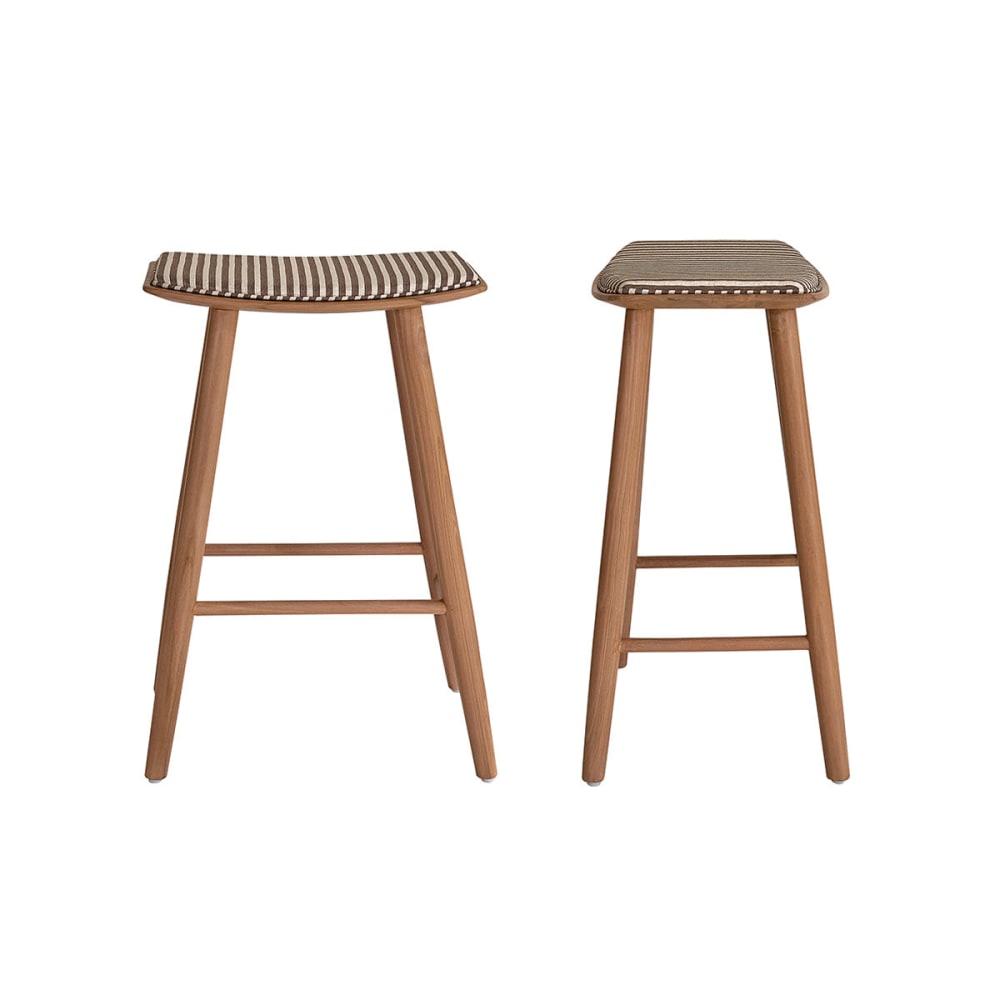 Set aus 2 Hockern massivem Teakholz mit gestreifter Sitzfläche,