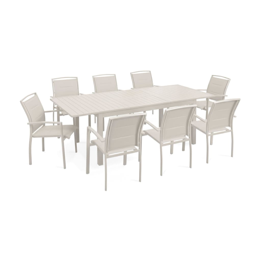 Ensemble table de jardin extensible et 8 fauteuils en aluminium crème
