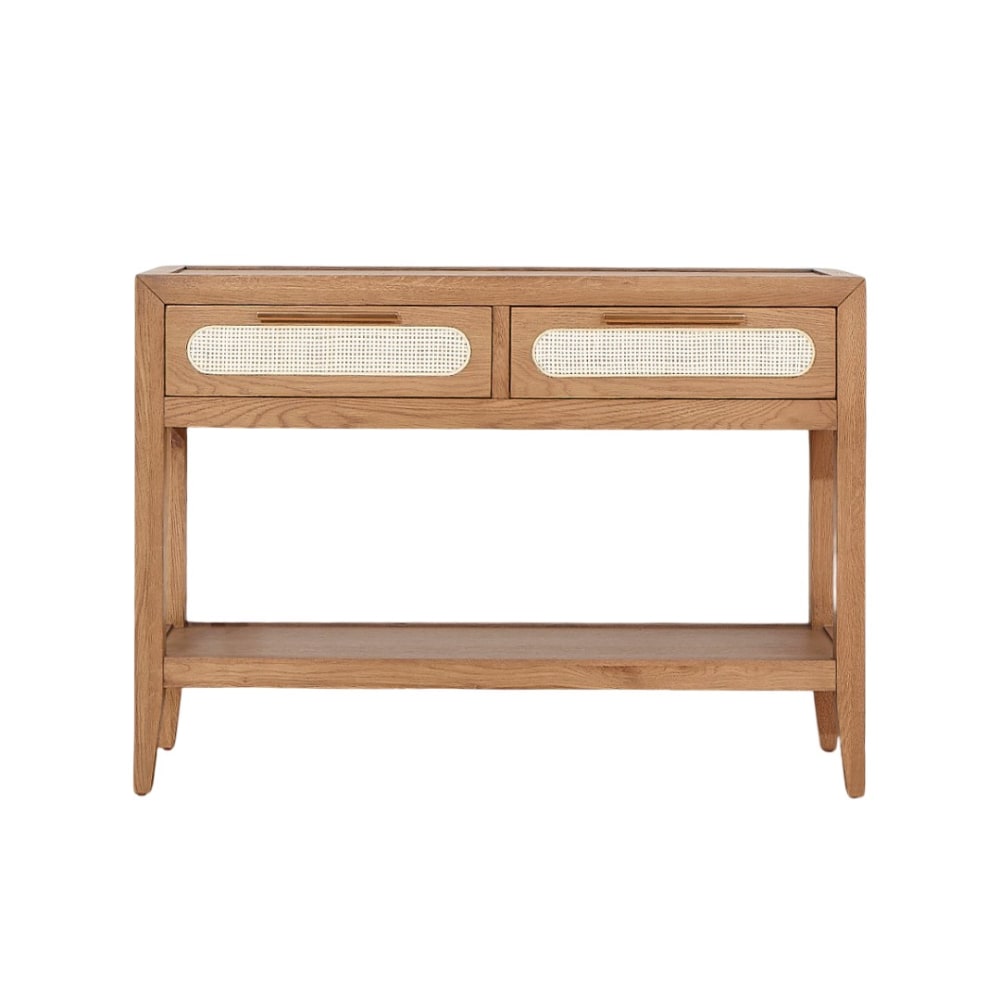 Console style contemporain, plateau en chêne, 2 tiroirs en rotin bois