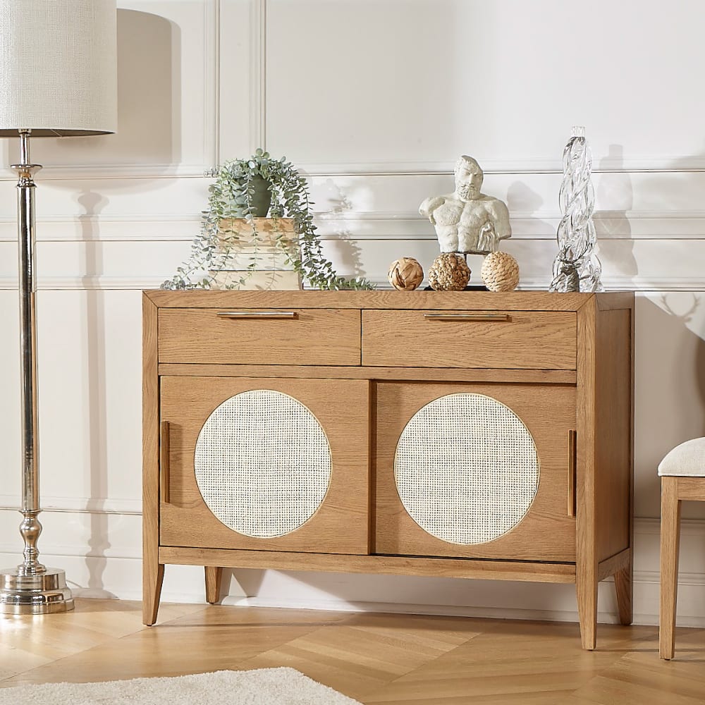 Petit buffet en chêne et cannage, 2 portes et 2 tiroirs bois