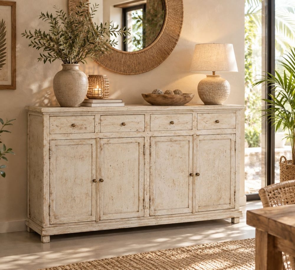 handgefertigtes Sideboard aus Holz, 160x40x100 cm, Beiges, -