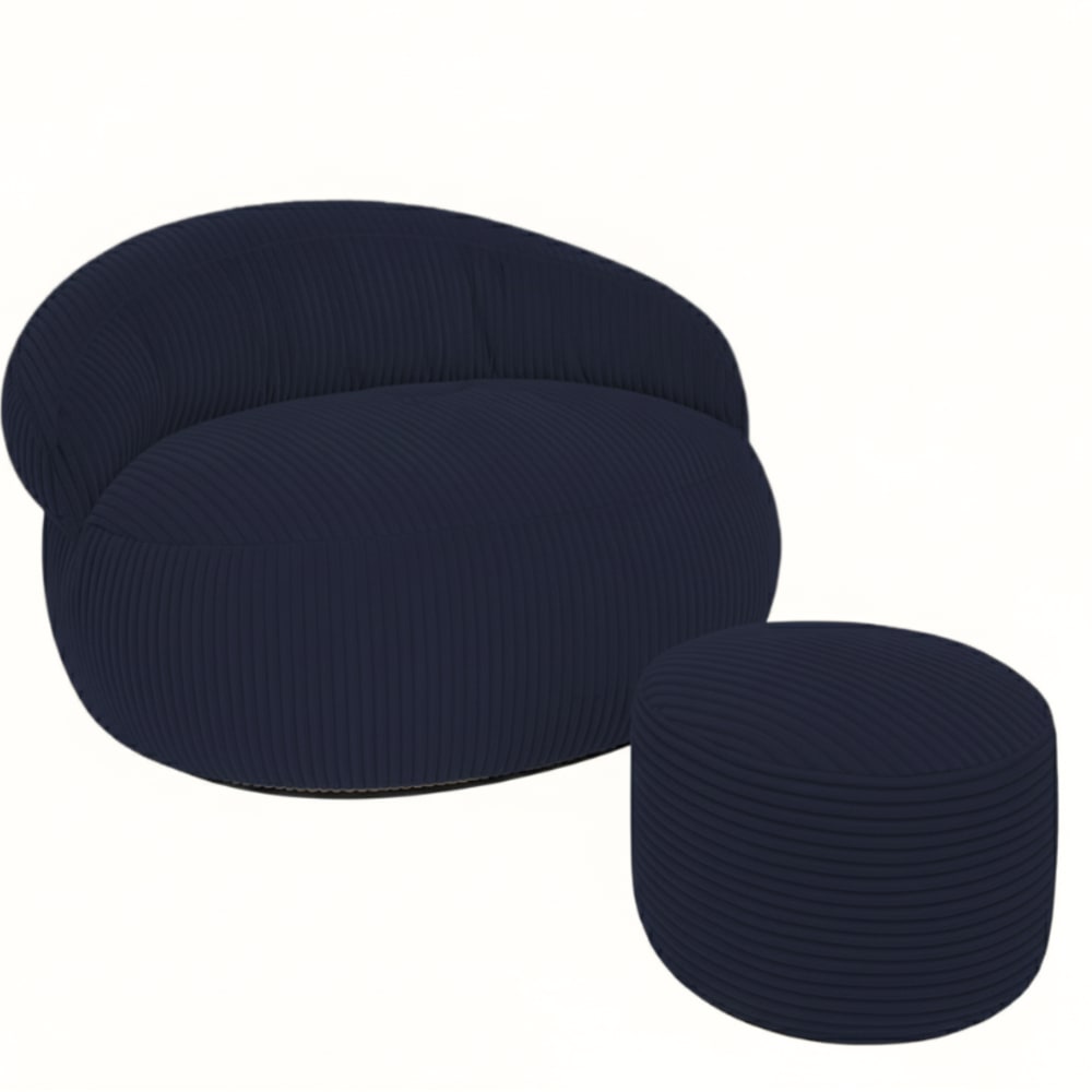 Pouf xxl déhoussable velours côtelé 110x100 + repose-pieds bleu foncé