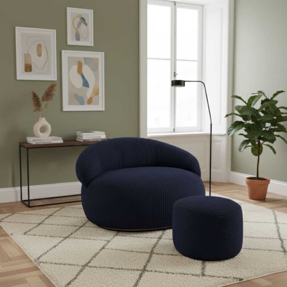 Pouf XXL déhoussable velours côtelé 110x100 + repose-pieds bleu foncé